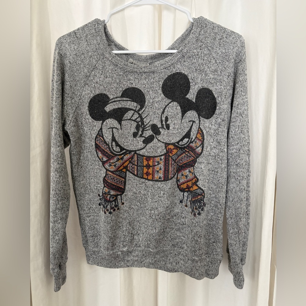 Disney Gray Women's Crewneck Sweater with Mickey & Minnie Scarf Graphic